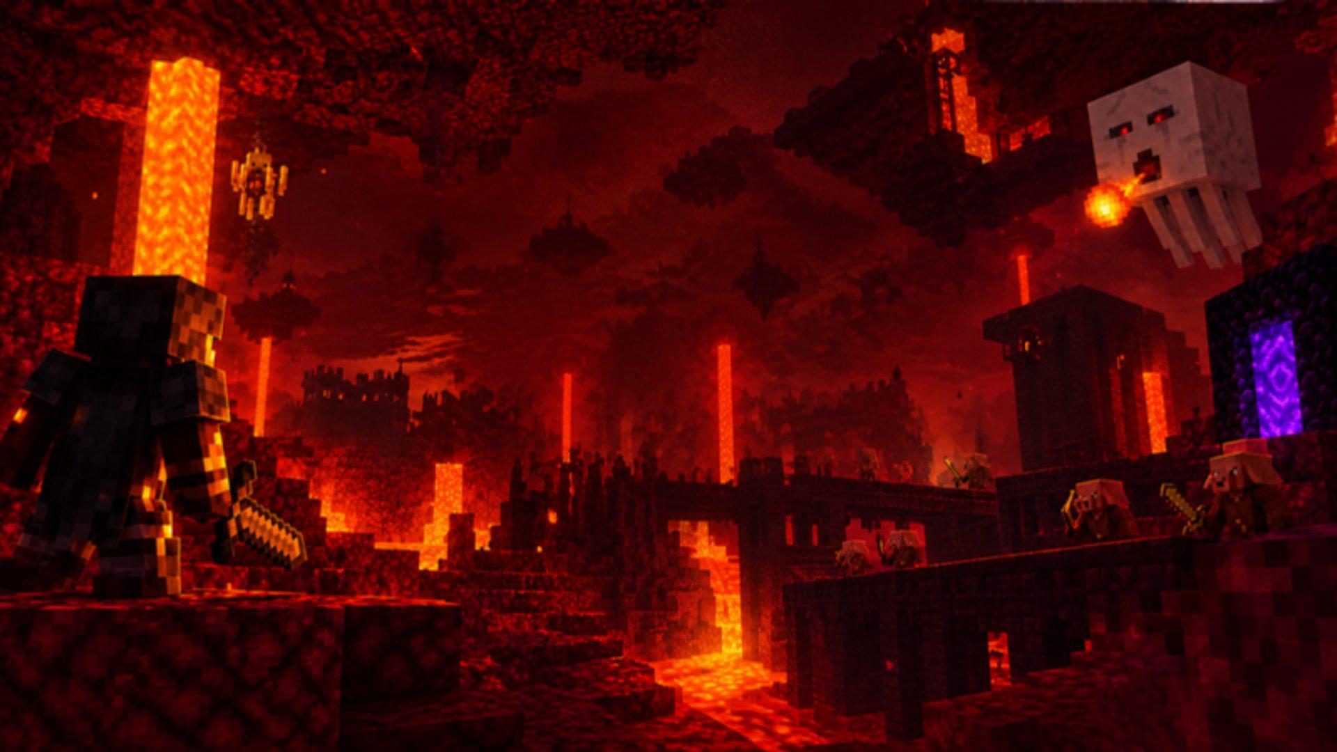 Paisaje del Nether con lava, una fortaleza y un portal